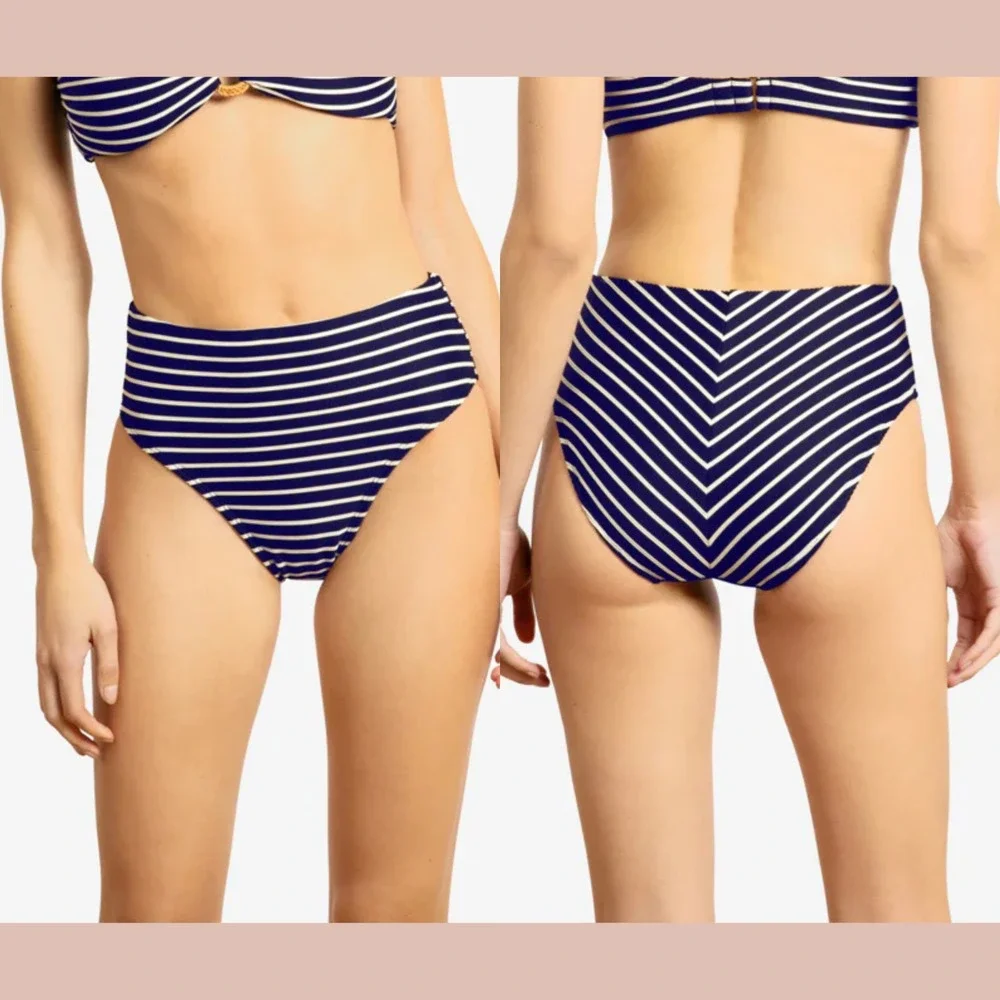 NEW Robin Piccone [‎ Large ] Parker High Waist Stripe Bikini Bottom Navy U1692